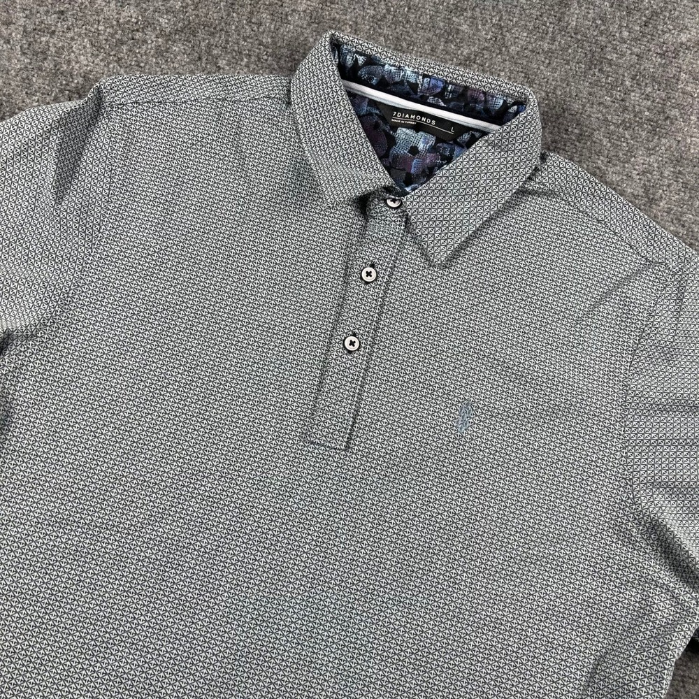 7 Diamonds Eagle Polo Shirt Mens Large Grey Geometric Print Cotton Blend